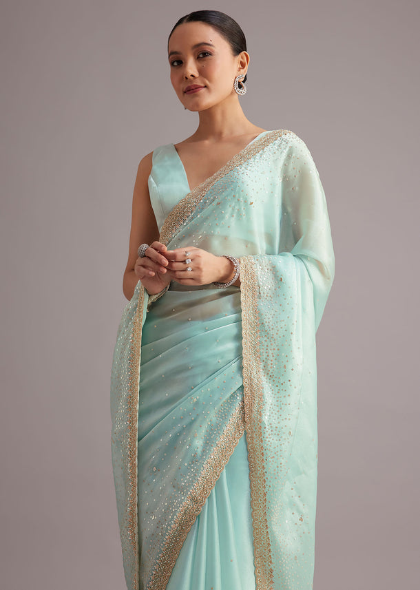 Blue Glass Tissue Saree With Cutdana Sequin And Beaded Embroidery