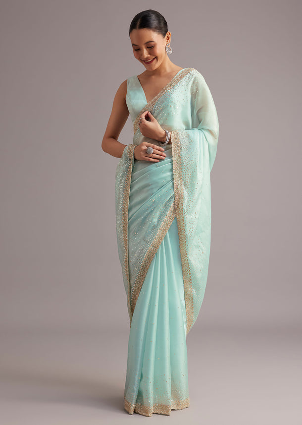 Blue Glass Tissue Saree With Cutdana Sequin And Beaded Embroidery