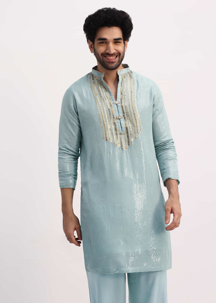 Blue Gold Sequin Kurta With Loose Fitted Pants