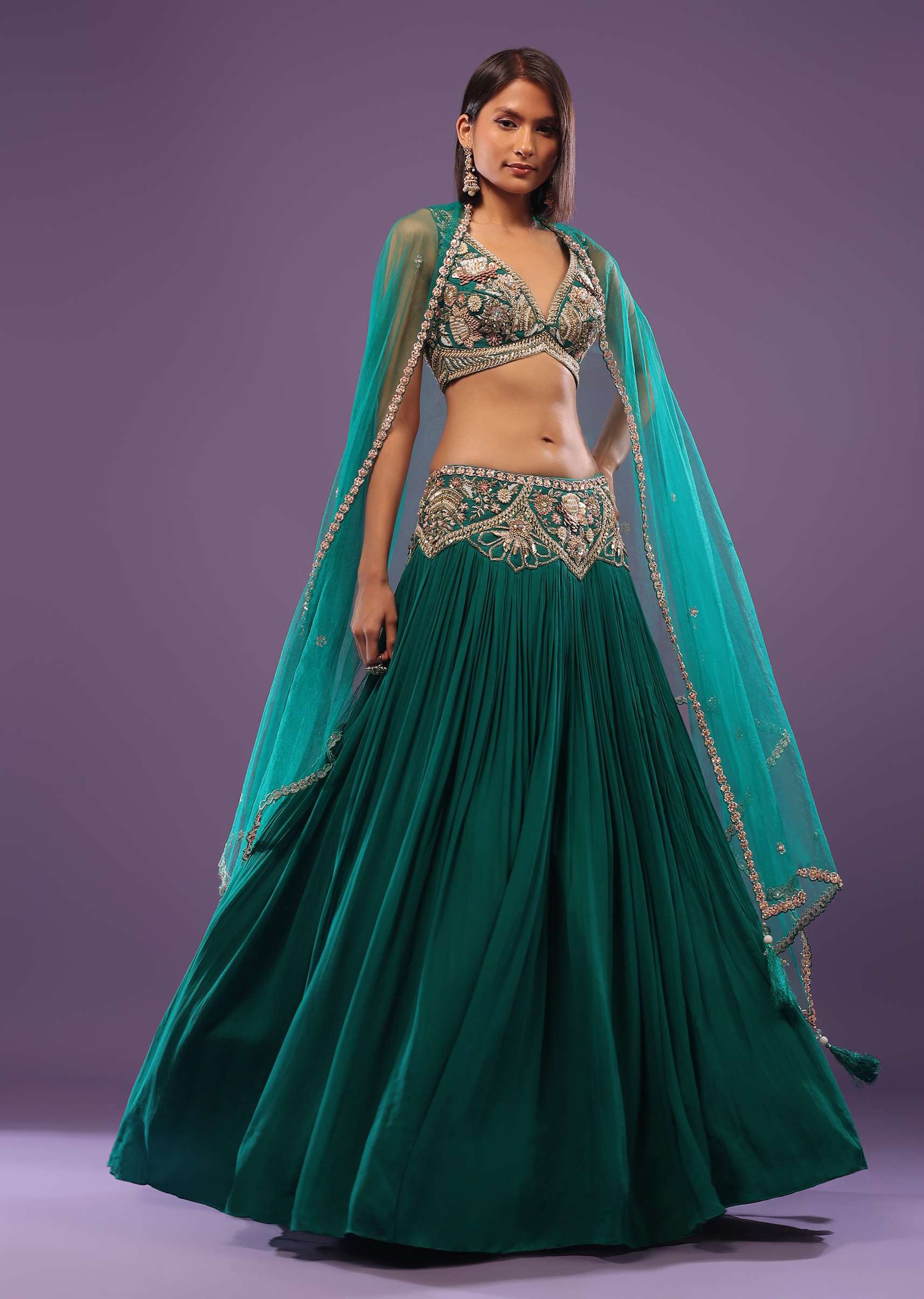 Emerald Green Embroidered Lehenga Set In Georgette