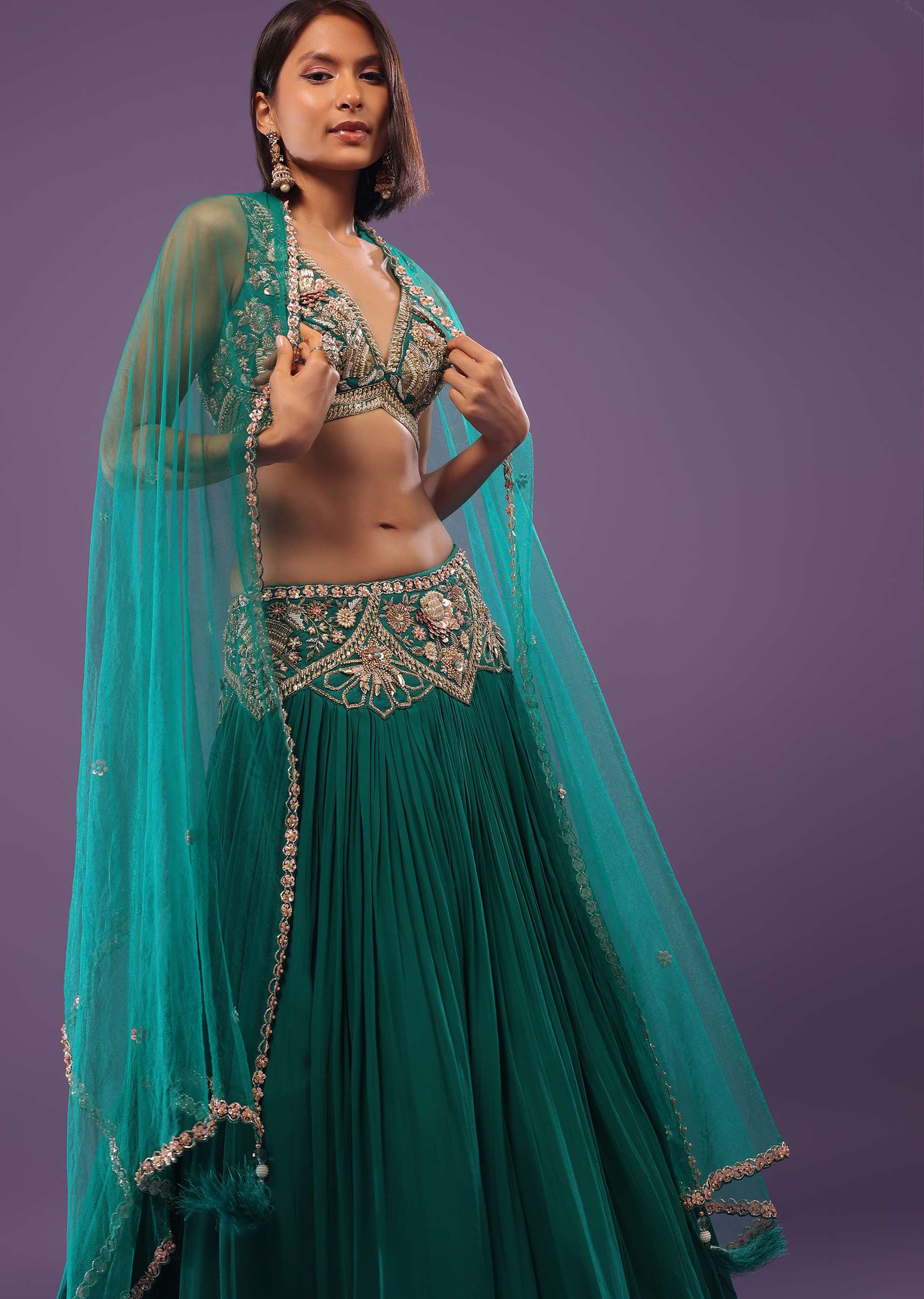 Emerald Green Embroidered Lehenga Set In Georgette