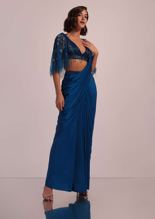 Blue Hand Embroidered Ready Pleated Saree And Blouse In Crepe