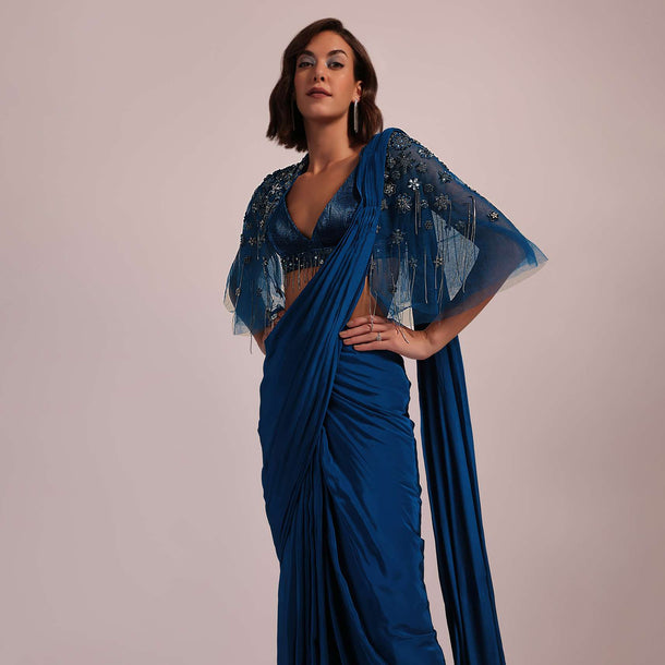 Blue Hand Embroidered Ready Pleated Saree And Blouse In Crepe