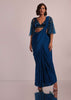 Blue Hand Embroidered Ready Pleated Saree And Blouse In Crepe