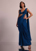 Blue Hand Embroidered Ready Pleated Saree And Blouse In Crepe