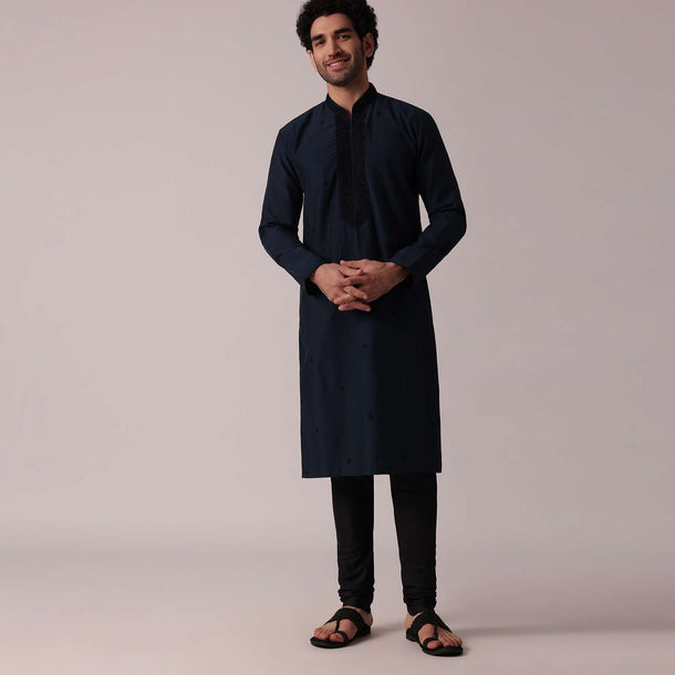 Blue Handcrafted Silk Kurta Set For Men