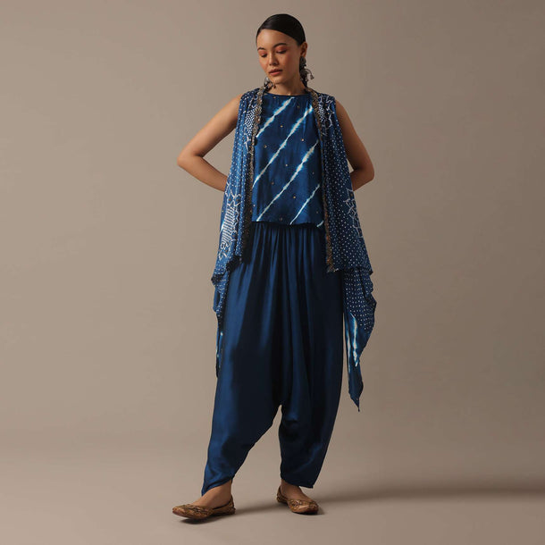 Blue Handmade Bandhani And Leheriya Indo Fusion Set In Silk