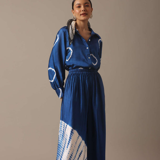 Blue Handmade Bandhani And Leheriya Shirt And Pant Set With Shibhori Detail