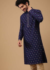 Blue Handwoven Silk Kurta Set With Butti Print