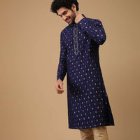 Blue Handwoven Silk Kurta Set With Butti Print