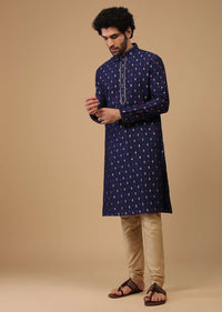 Blue Handwoven Silk Kurta Set With Butti Print