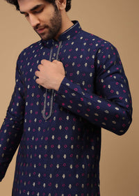 Blue Handwoven Silk Kurta Set With Butti Print