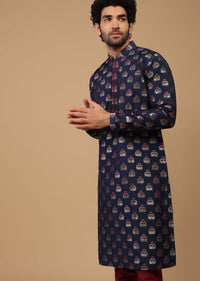 Blue Handwoven Silk Kurta Set In Print