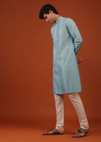 Mint Blue Striped Thread Woven Silk Kurta Set