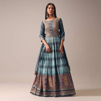 Blue Indie Print Anarkali Suit Set In Tussar Silk