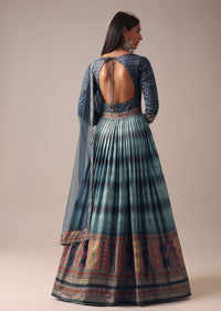 Blue Indie Print Anarkali Suit Set In Tussar Silk