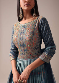 Blue Indie Print Anarkali Suit Set In Tussar Silk