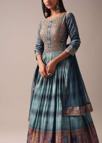 Blue Indie Print Anarkali Suit Set In Tussar Silk