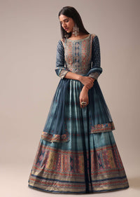 Blue Indie Print Anarkali Suit Set In Tussar Silk