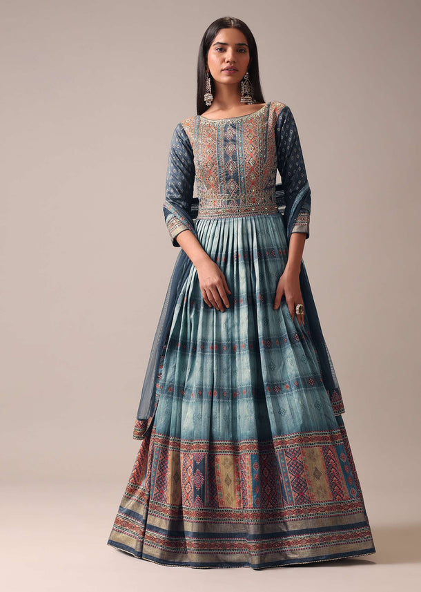 Blue Indie Print Anarkali Suit Set In Tussar Silk