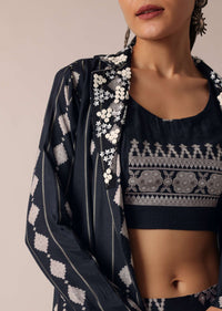 Blue Indo Fusion Printed Jacket And Pant Set