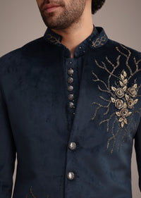 Blue Jacquard Kurta Jacket Set With Broach