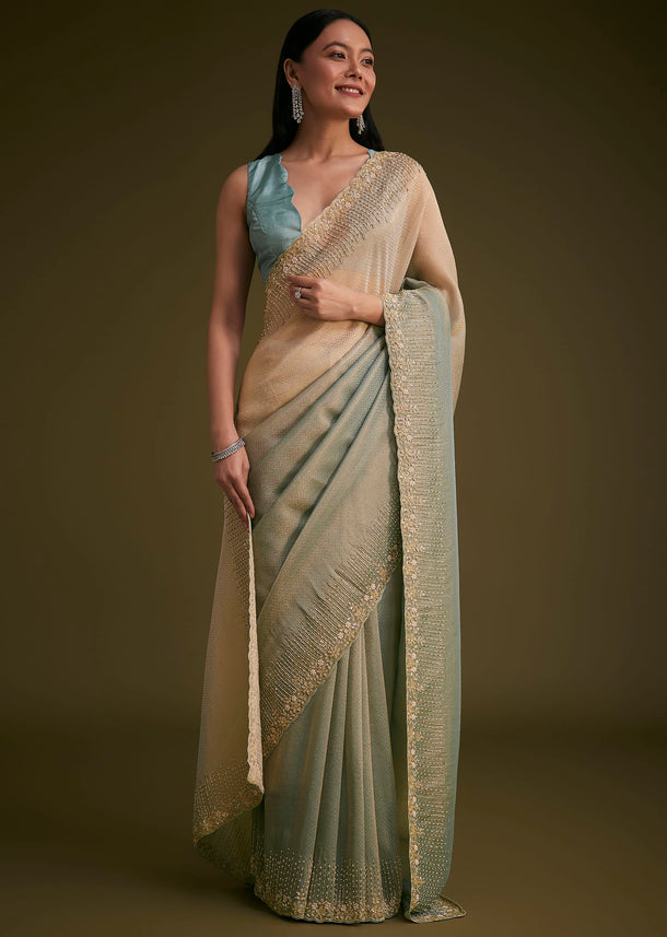 Blue Jacquard Saree With Cutdana And Stones Embroidery