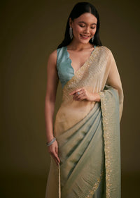 Blue Jacquard Saree With Cutdana And Stones Embroidery