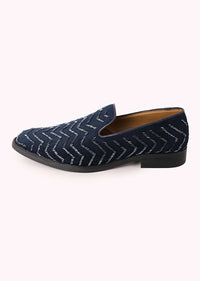 Blue Juttis In Velvet with Chevron Pattern