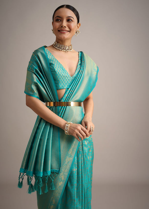Blue Kanjivaram Silk Saree With Double Border