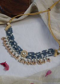 Blue Kundan Choker In Gold Plated Silver Alloy