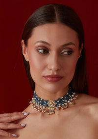 Blue Kundan Choker In Gold Plated Silver Alloy