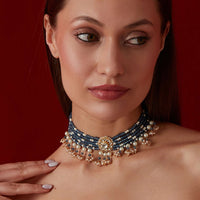 Blue Kundan Choker In Gold Plated Silver Alloy