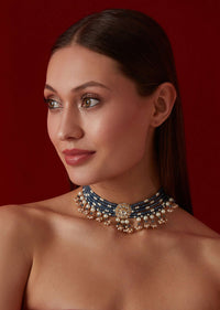 Blue Kundan Choker In Gold Plated Silver Alloy