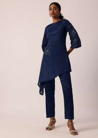 Blue Kurta And Pant Set With Hand Worked Asymmetric Hem