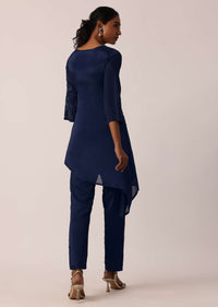 Blue Kurta And Pant Set With Hand Worked Asymmetric Hem