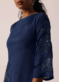 Blue Kurta And Pant Set With Hand Worked Asymmetric Hem