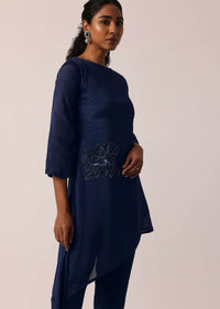 Blue Kurta And Pant Set With Hand Worked Asymmetric Hem