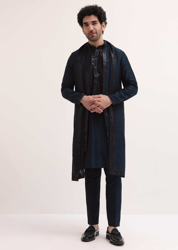 Blue Kurta Jacket Set With Dupatta In Sequins For Men