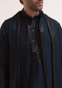 Blue Kurta Jacket Set With Dupatta In Sequins For Men