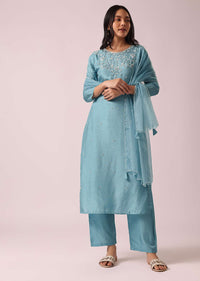 Blue Kurta Set In Silk with Sequin Embellishments