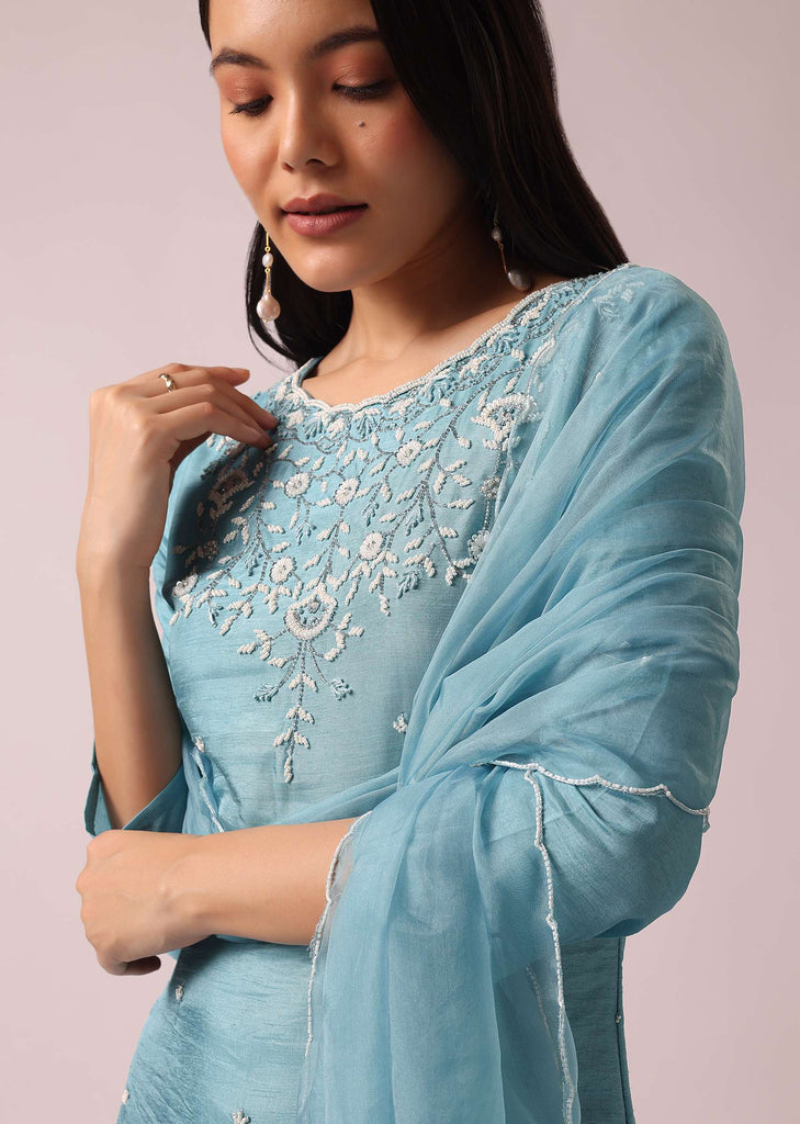 Blue Kurta Set In Silk with Sequin Embellishments