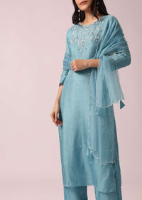 Blue Kurta Set In Silk with Sequin Embellishments