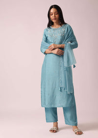 Blue Kurta Set In Silk with Sequin Embellishments