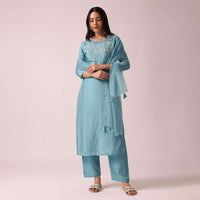 Blue Kurta Set In Silk with Sequin Embellishments