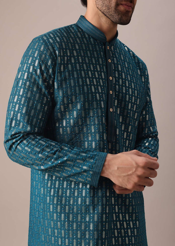 Blue Kurta Set In Art Silk With Sequin Embroidery