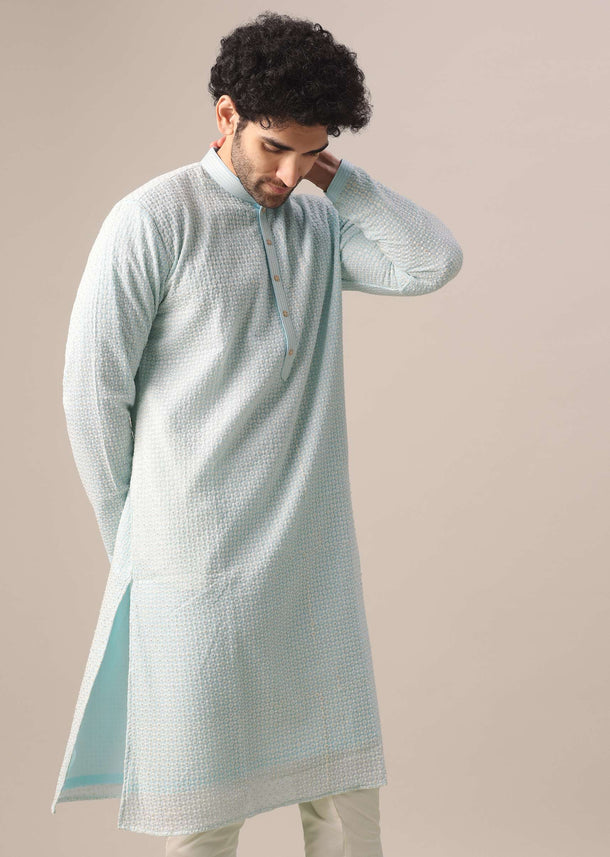 Blue Kurta Set In Art Silk With Thread And Sequin Embroidery