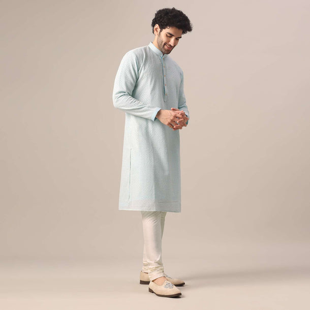 Blue Kurta Set In Art Silk With Thread And Sequin Embroidery