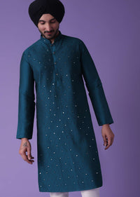 Blue Kurta Set In Cotton Silk With Mirror Work