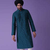 Blue Kurta Set In Cotton Silk With Mirror Work